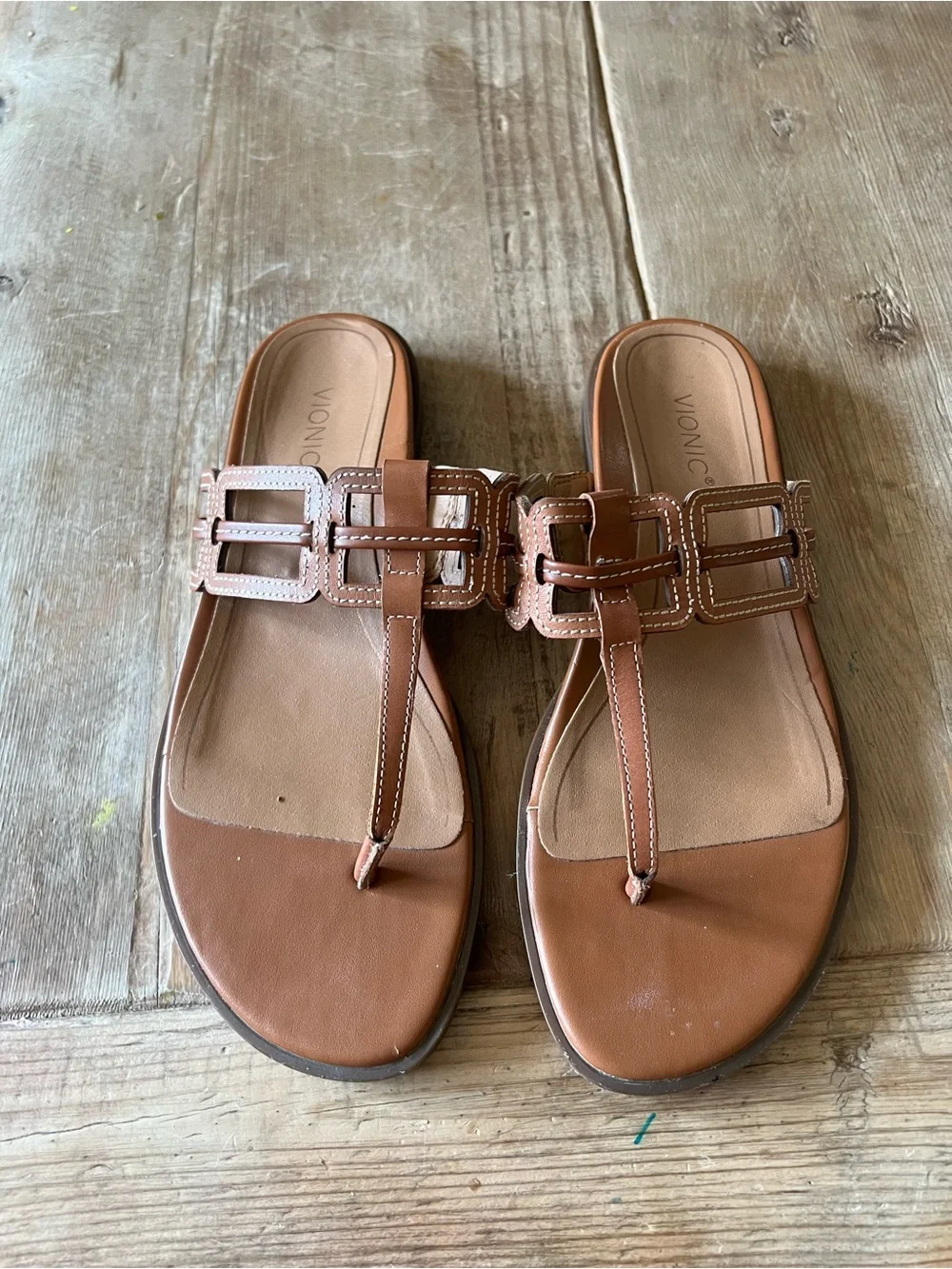 Vionic Tan Brown T-Strap Leather Slide Sandals - Picture 10 of 11